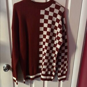 SHEIN Women’s Burgundy and White Checkered Crewneck Sweater
